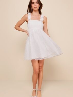 NWOT Lulu's White Swiss Dot Ruffled Strap Mini Dress